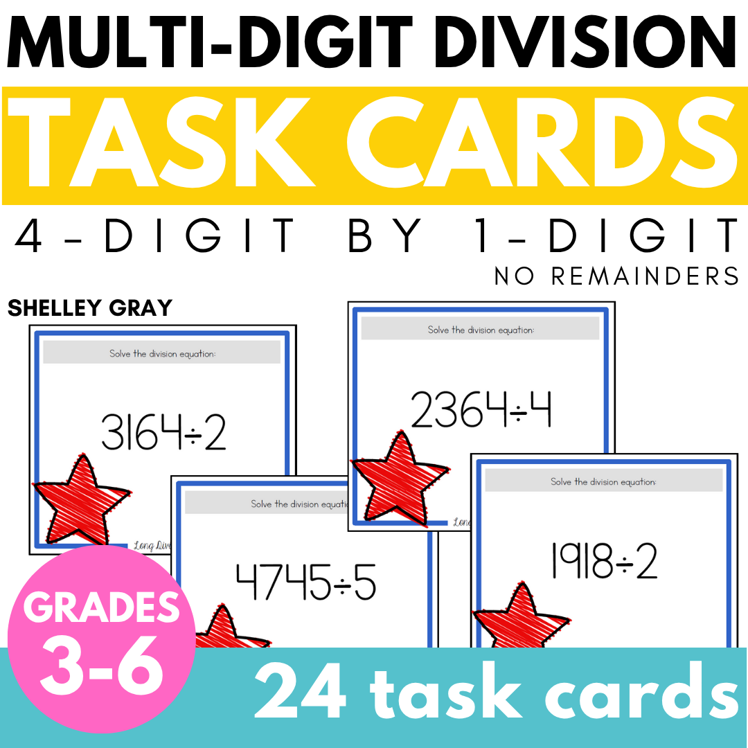 Long Division Task Cards: 4-digit by 1-digit, no remainders