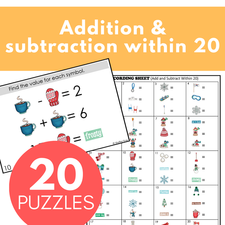 Winter-Themed Math Logic Problems, Puzzles for Addition & Subtraction Within 20
