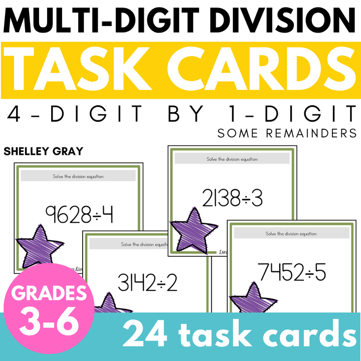 Long Division Task Cards: 4-digit by 1-digit, some remainders