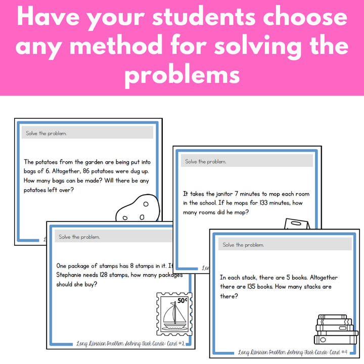 Long Division Problem Solving Task Cards - 2 and 3 by 1-digit, some remainders