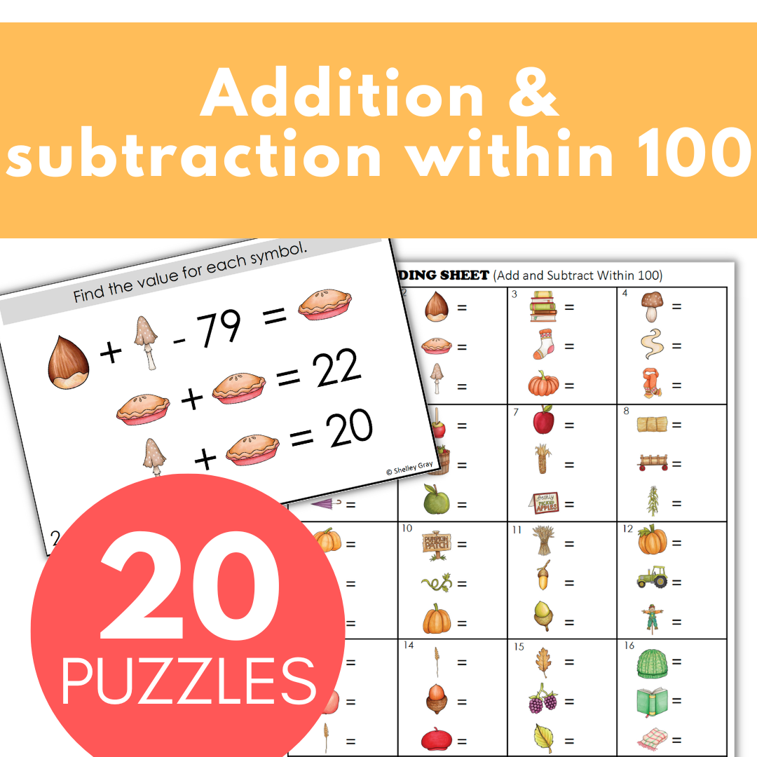 Fall-Themed Math Logic Problems, Puzzles for Addition & Subtraction Within 100