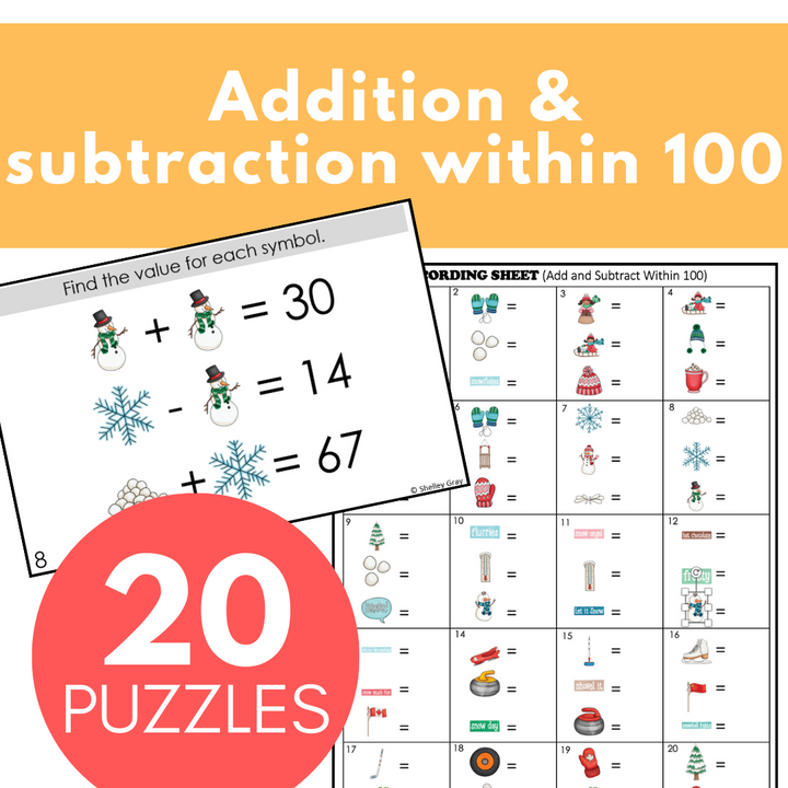 Winter-Themed Math Logic Problems, Puzzles for Addition & Subtraction Within 100