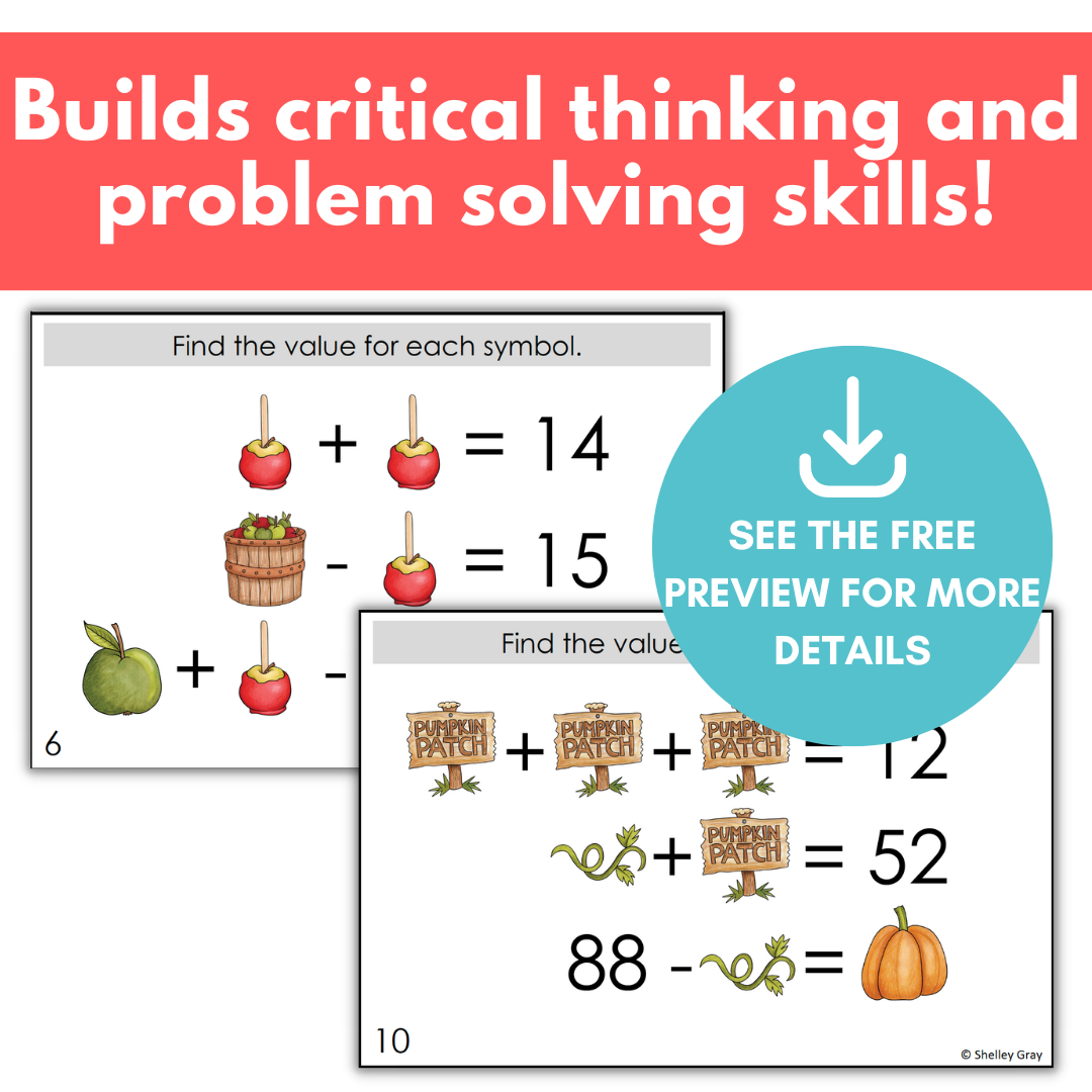 Fall-Themed Math Logic Problems, Puzzles for Addition & Subtraction Within 100