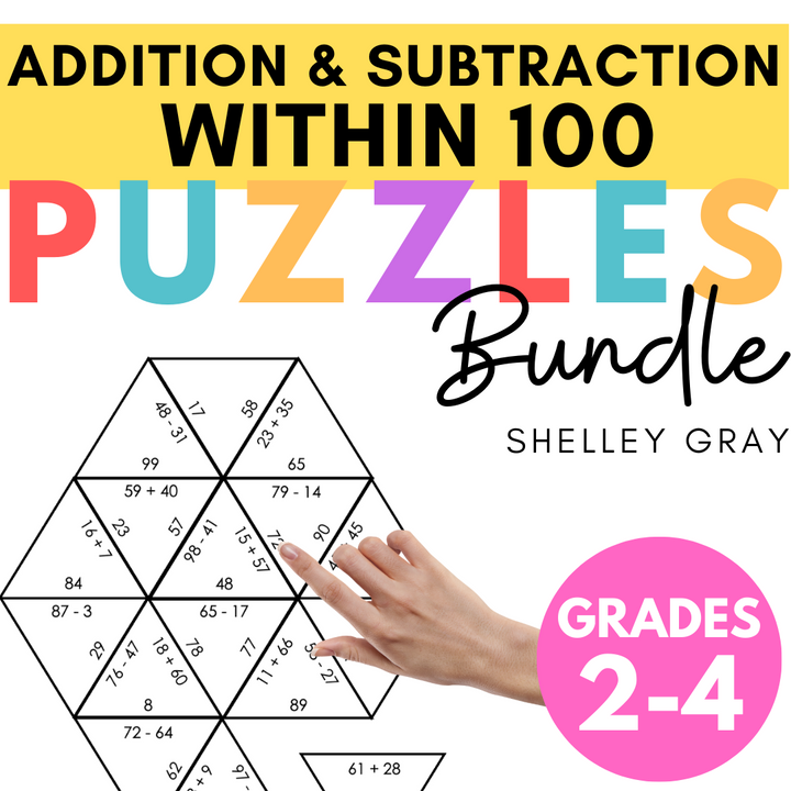 Addition and Subtraction to 100 Puzzles for Math Fact Practice BUNDLE