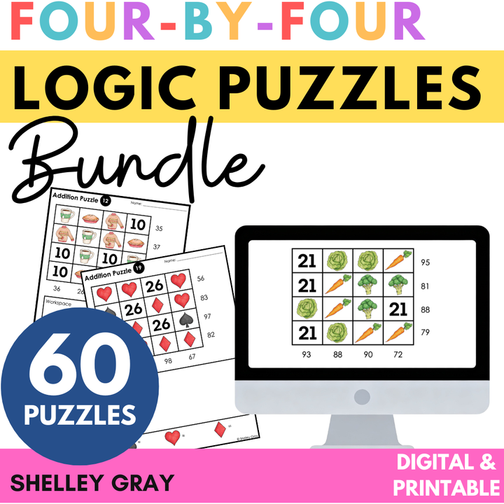 Addition & Subtraction 4x4 Grid Logic Puzzles Bundle | Critical Thinking