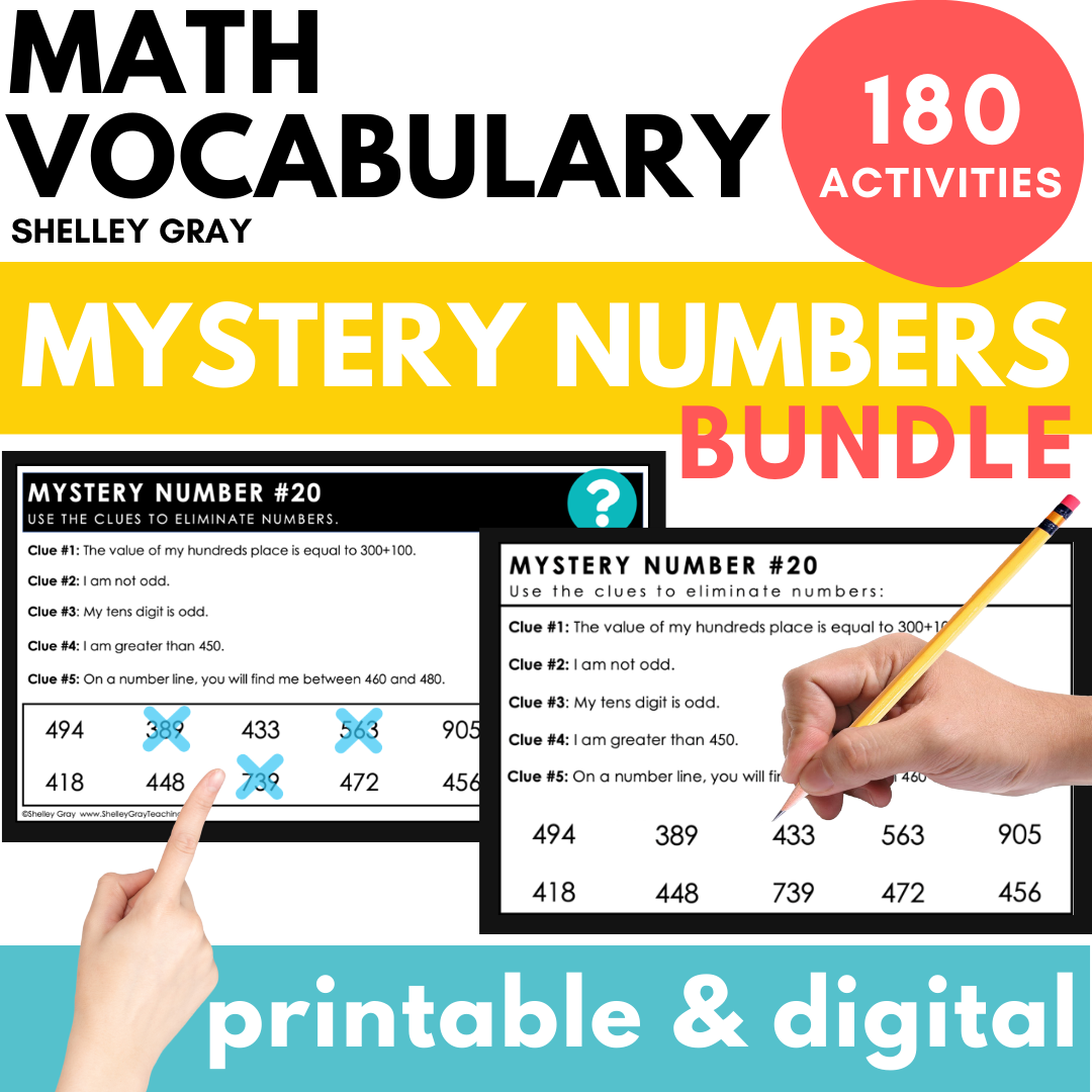 Math Vocabulary Mystery Number Bundle - 2 3 4 5 6 7 8-Digit, Fractions, Decimals