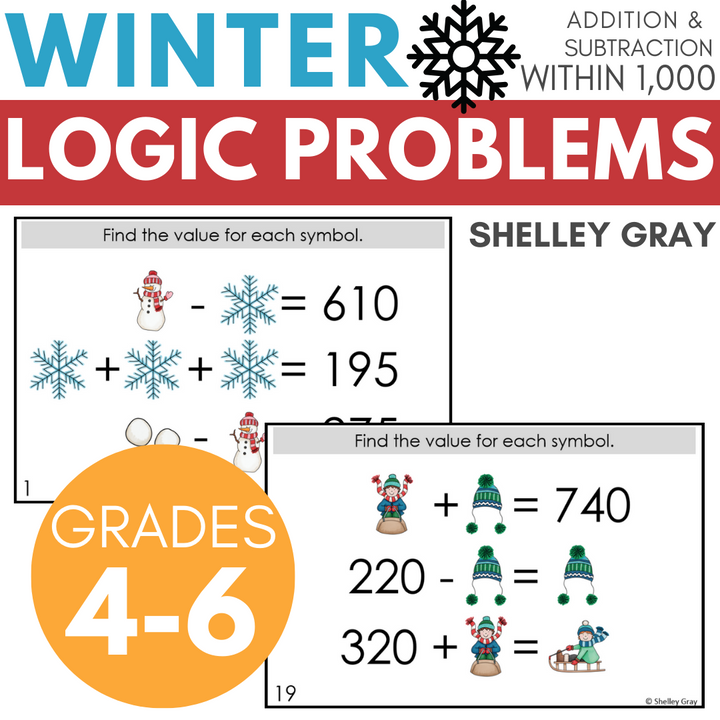 Winter-Themed Math Logic Problems, Puzzles for Addition & Subtraction to 1,000