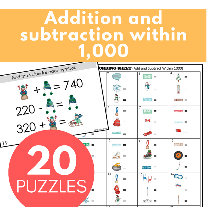 Winter-Themed Math Logic Problems, Puzzles for Addition & Subtraction to 1,000