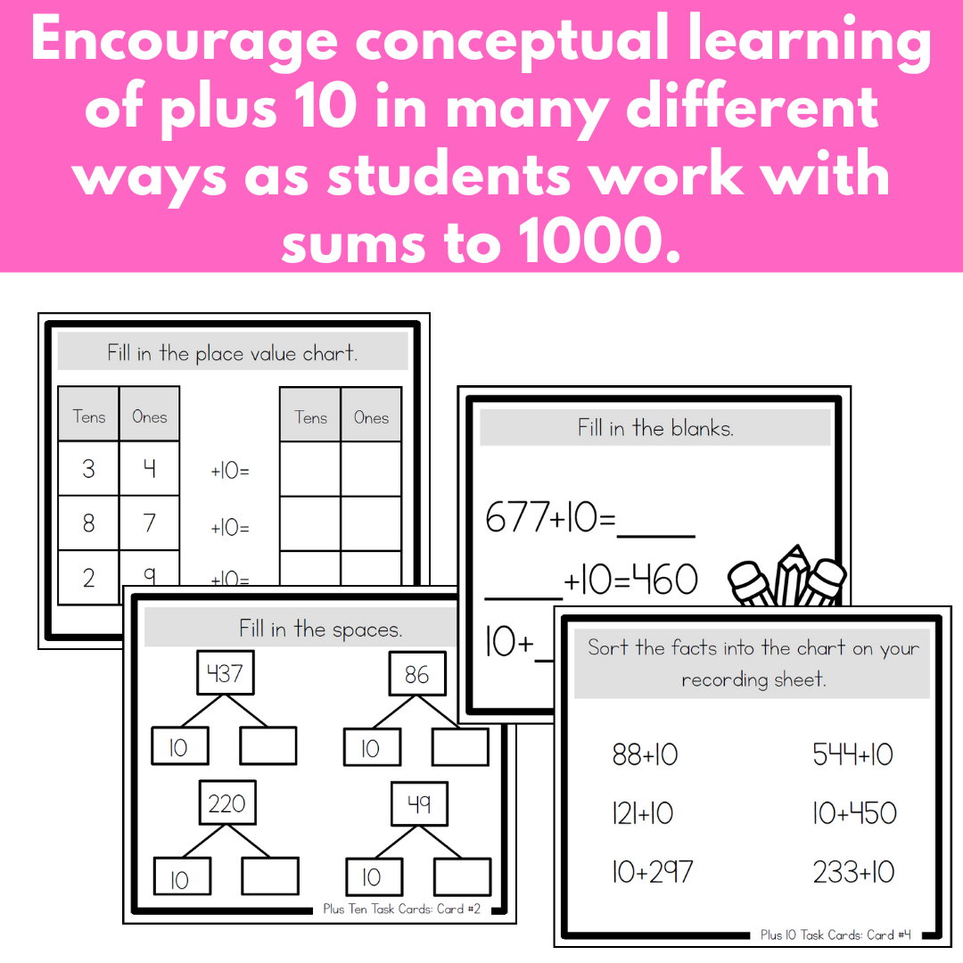 Addition Strategy Task Cards: Plus Ten - Sums to 1000 (Third Grade)