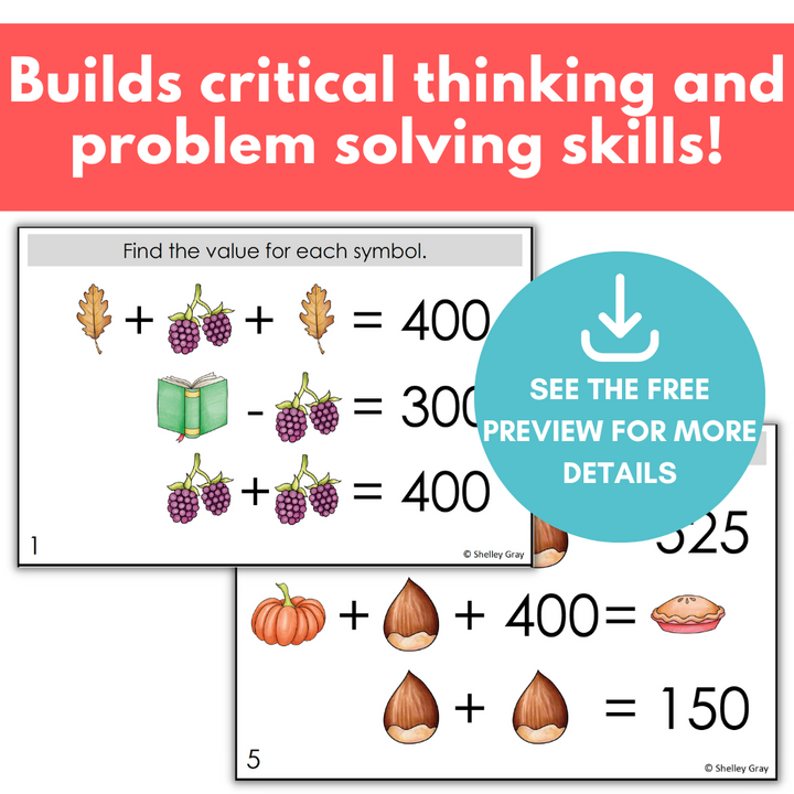 Fall-Themed Math Logic Problems, Puzzles for Addition & Subtraction Within 1,000