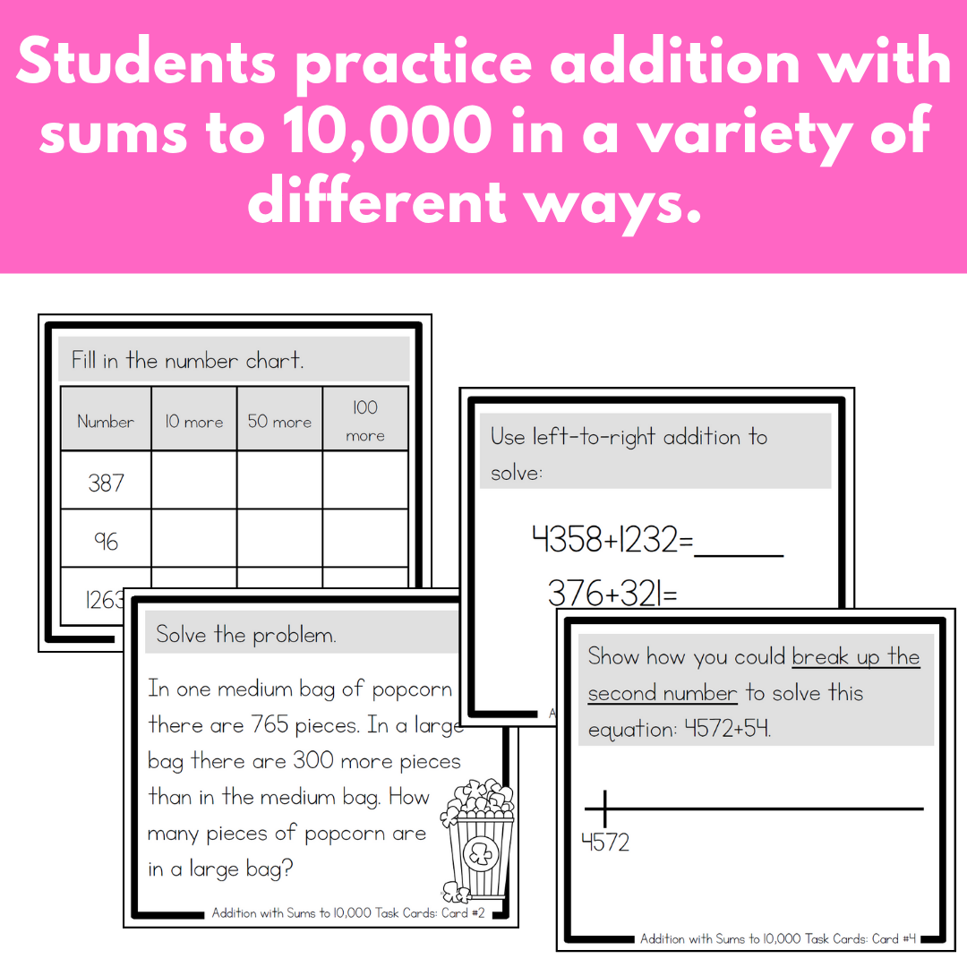 Addition with Sums to 10,000 Task Cards (Fourth Grade)