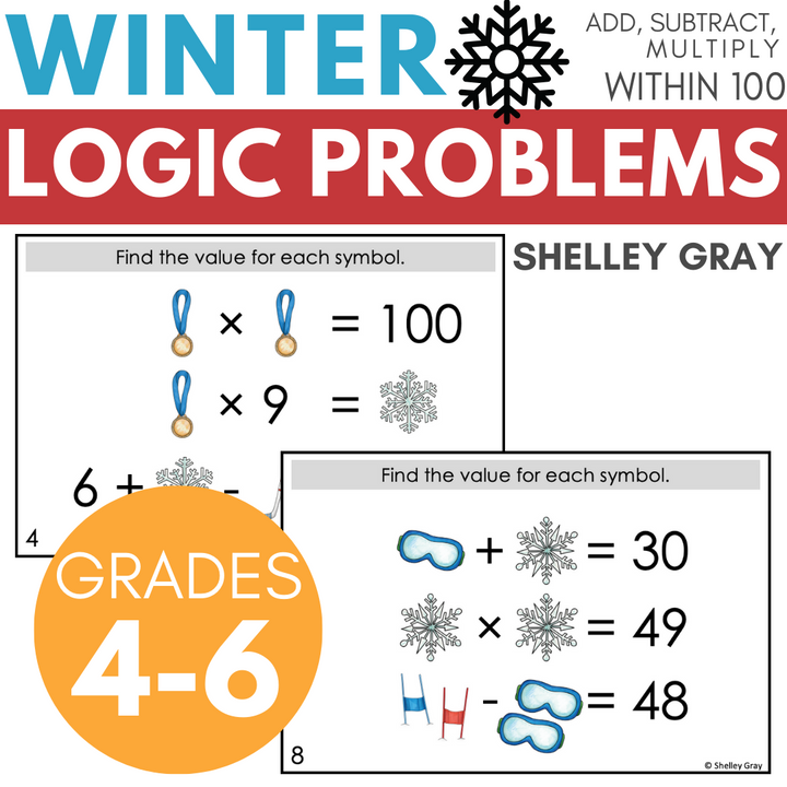 Winter-Themed Math Logic Problems, Puzzles Addition Subtraction Multiplication