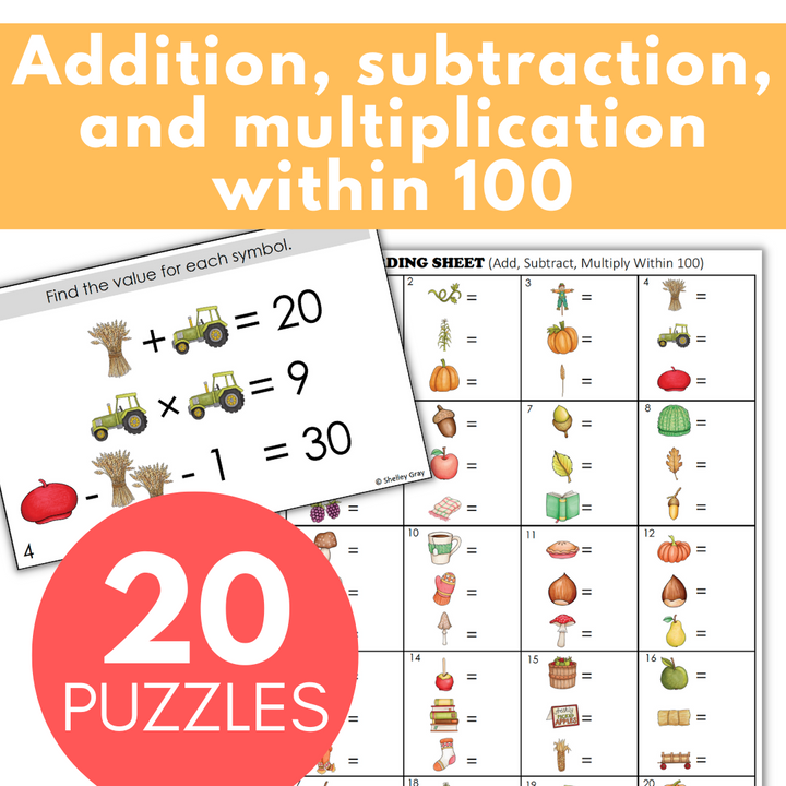 Fall-Theme Math Logic Problems, Puzzles for Addition Subtraction Multiplication