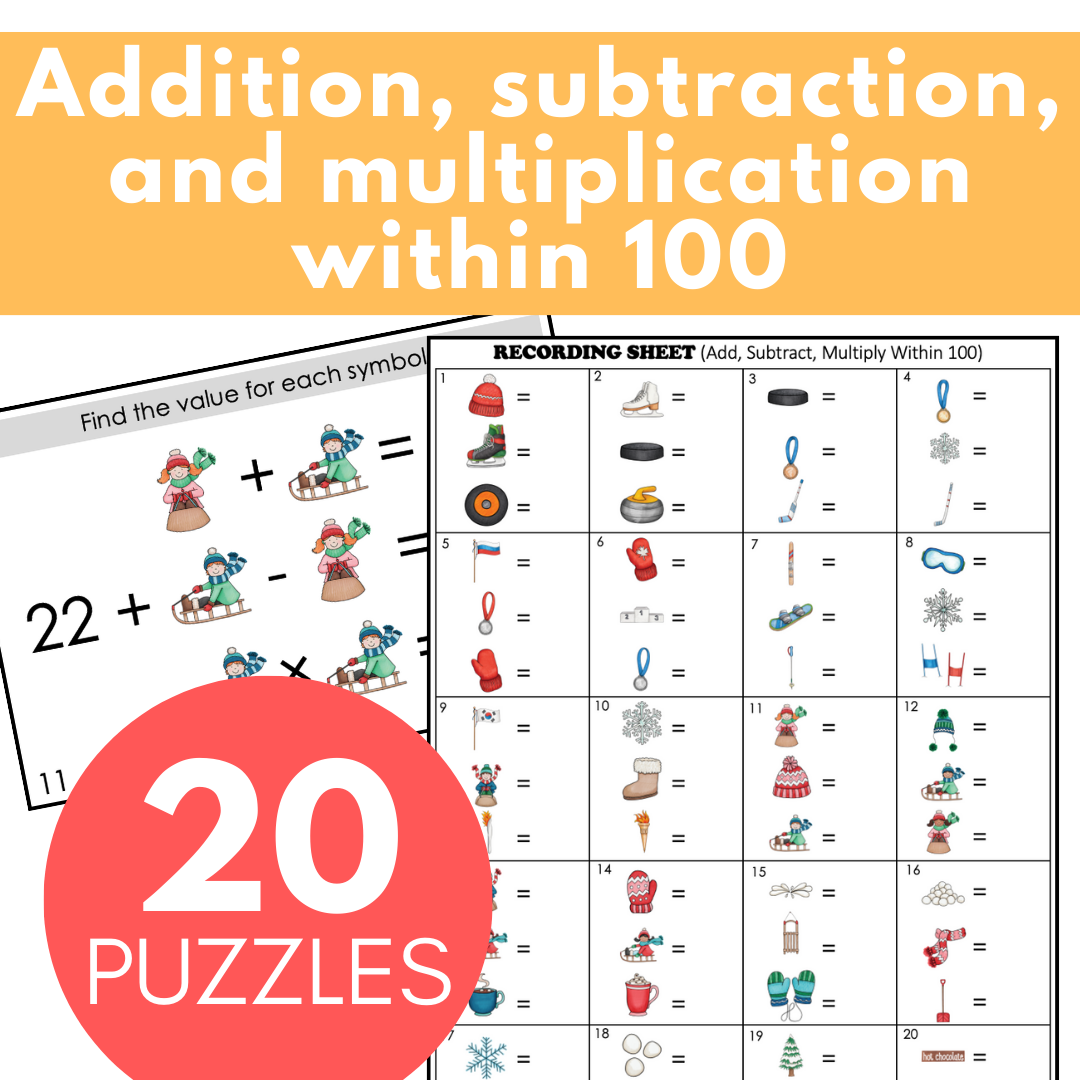 Winter-Themed Math Logic Problems, Puzzles Addition Subtraction Multiplication