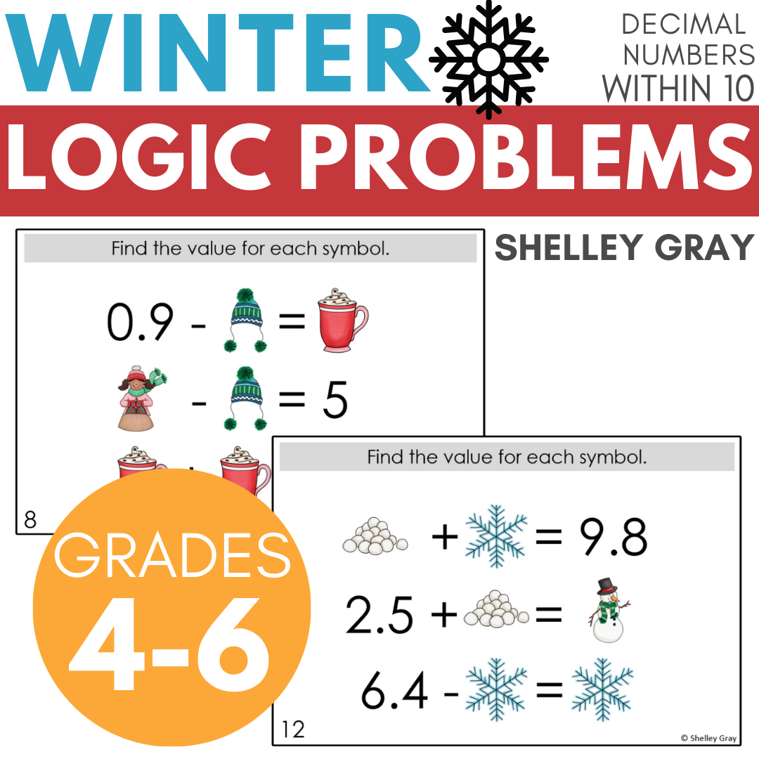 Winter-Themed Math Logic Problems, Puzzles for Decimal Numbers to Tenths