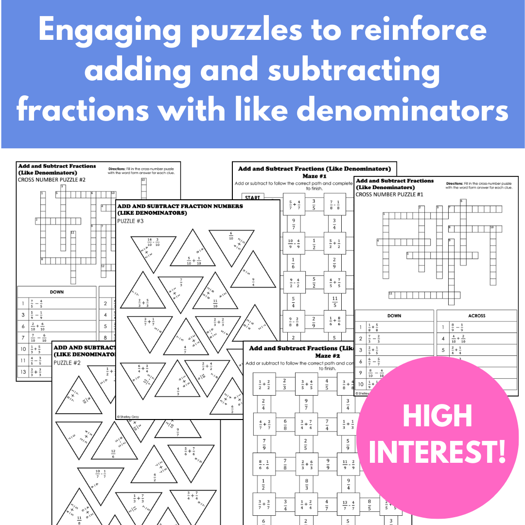 Adding and Subtracting Fractions with Like Denominators, Fraction Math Puzzles