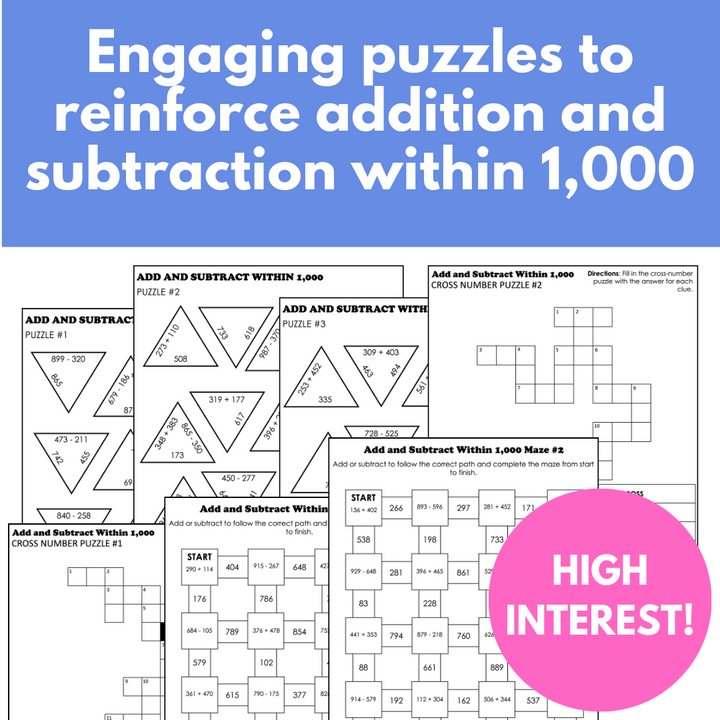 Addition and Subtraction Within 1000 Math Puzzles for Extra Practice ...