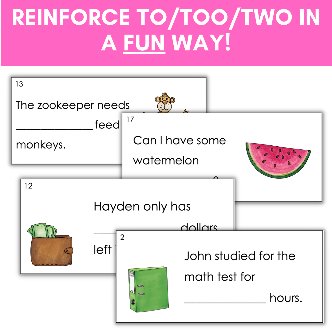 To, Too, Two Homophone Gallery Walk or Task Cards – Shelley Gray Teaching