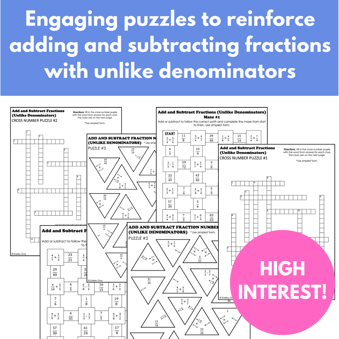 Adding and Subtracting Fractions with Unlike Denominators, Fraction Math Puzzles