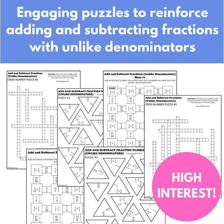 Adding and Subtracting Fractions with Unlike Denominators, Fraction Math Puzzles