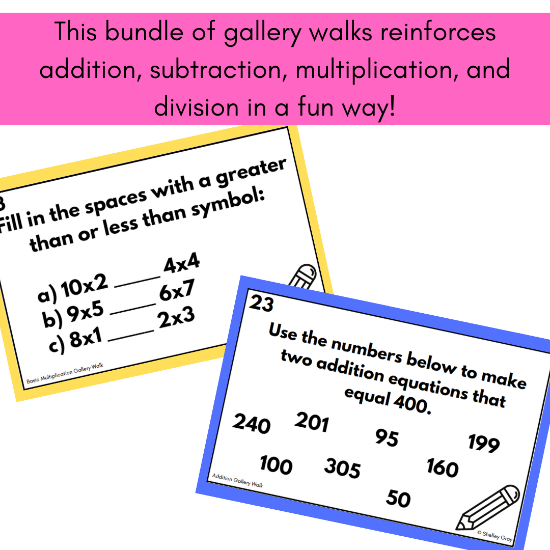 Addition, Subtraction, Multiplication, Division Around the Room Gallery Walks