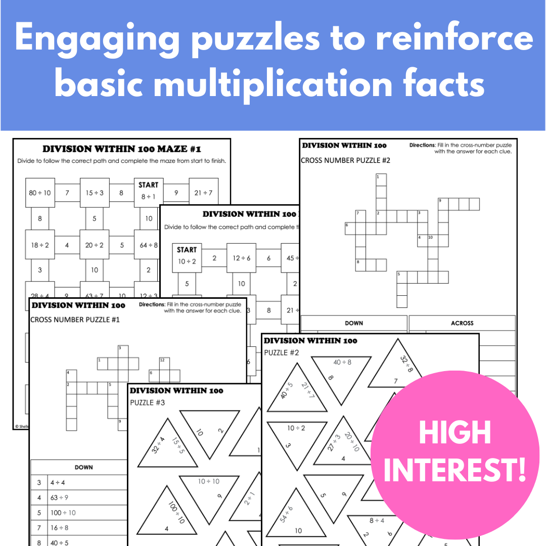 Basic Division Facts Math Puzzles; Tarsia Puzzles, Cross-Number, Mazes