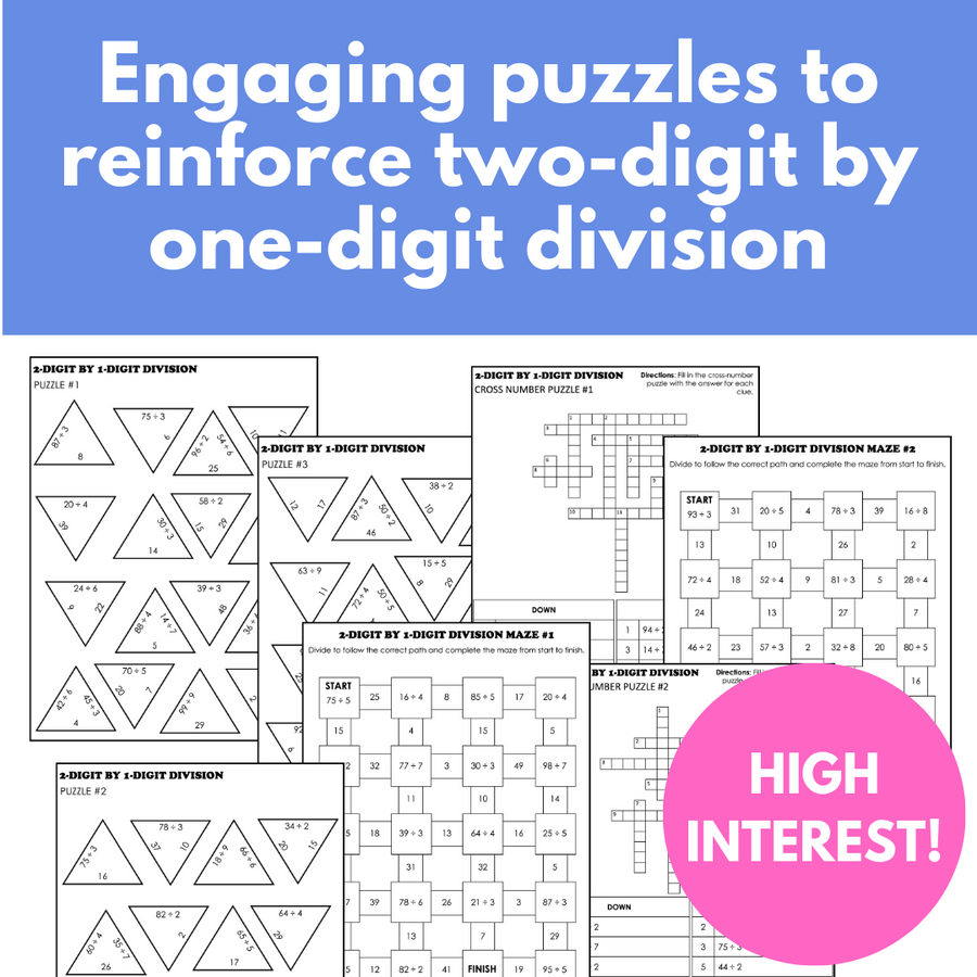 2-Digit by 1-Digit Division Math Puzzles (Tarsia, Cross-Number, Mazes ...