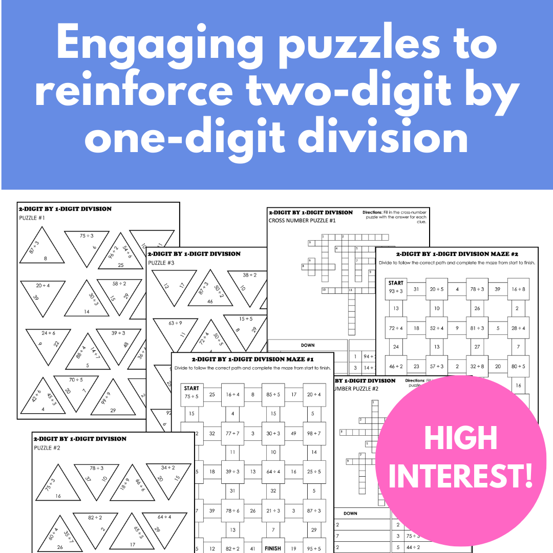 2-Digit by 1-Digit Division Math Puzzles (Tarsia, Cross-Number, Mazes ...