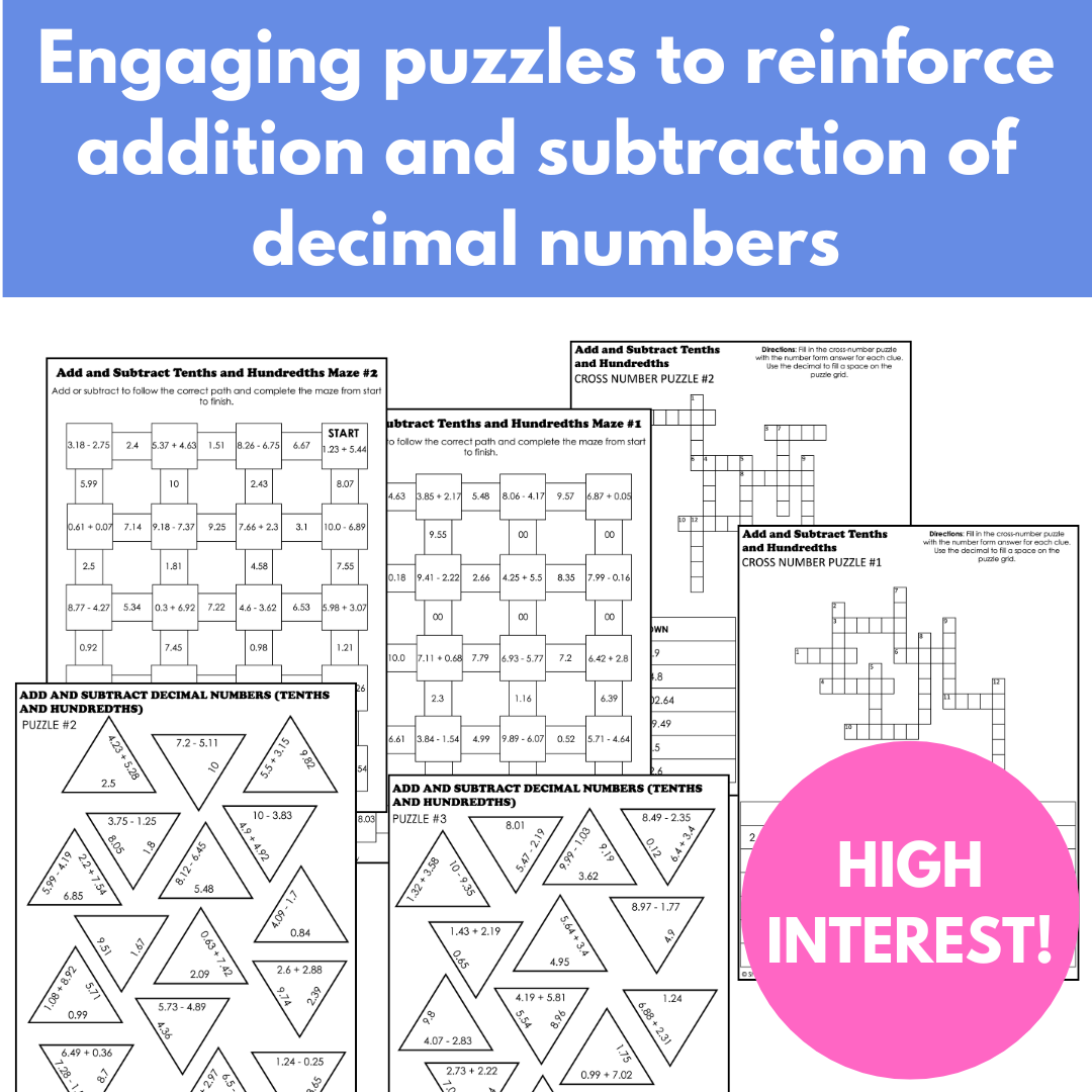 Decimal (Hundredths) Addition Subtraction Math Puzzles; Tarsia Puzzles and More