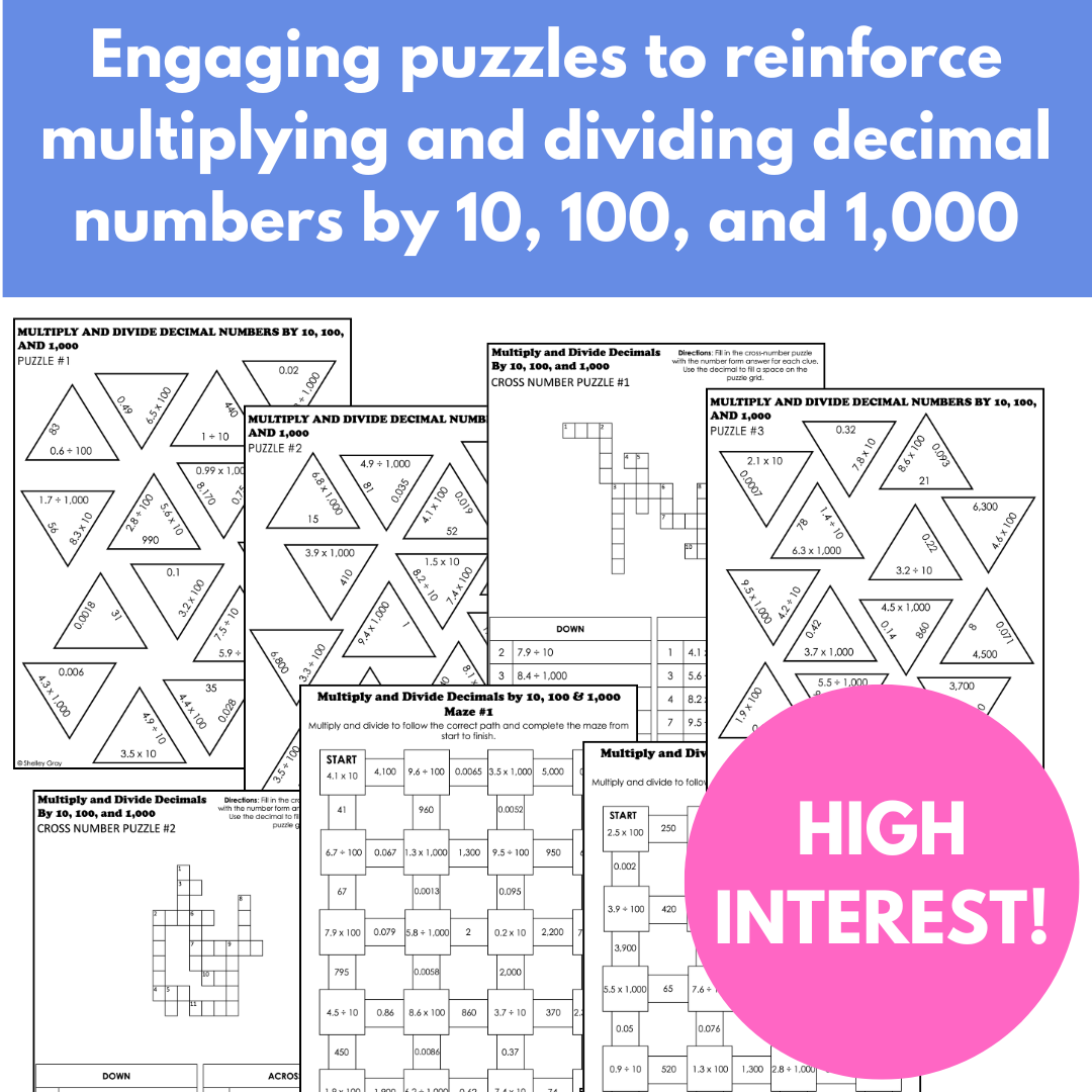 1000 Math Multiply and Divide Decimal Numbers by 10, 100, 1000 Math Puzzles ...