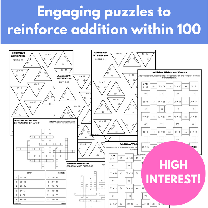 Addition Within 100 Math Puzzles; Tarsia Puzzles, Cross-Number, Mazes