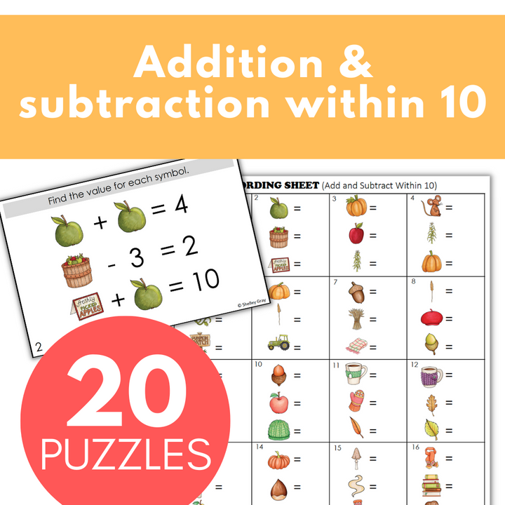 Fall-Themed Math Logic Problems, Puzzles for Addition & Subtraction Within 10