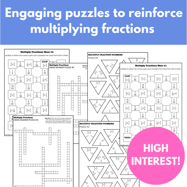 Multiplying Fractions, Fraction Math Puzzles for Extra Practice (Mazes, Tarsia)