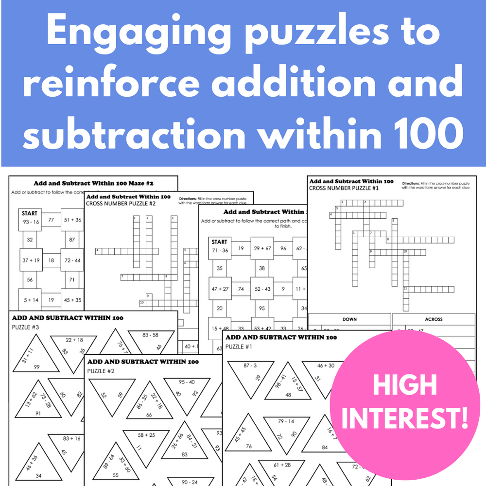 Addition and Subtraction to 100 Puzzles for Math Fact Practice BUNDLE ...