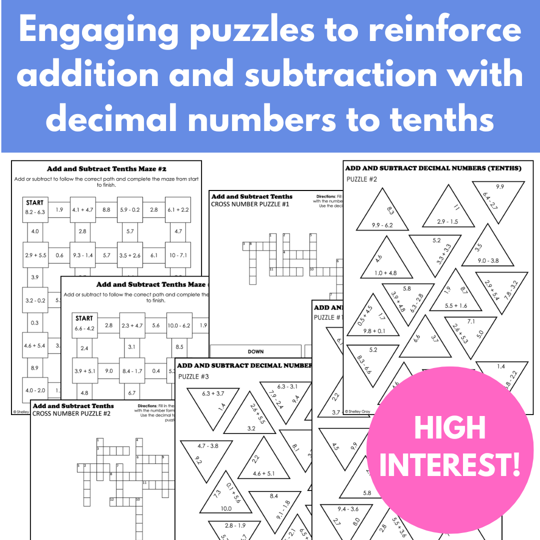 Decimal (Tenths) Addition Subtraction Math Puzzles; Tarsia Puzzles and More