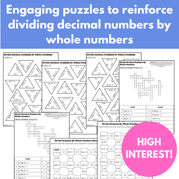 Divide Decimal Numbers by Whole Numbers Math Puzzles; Tarsia Puzzles and More