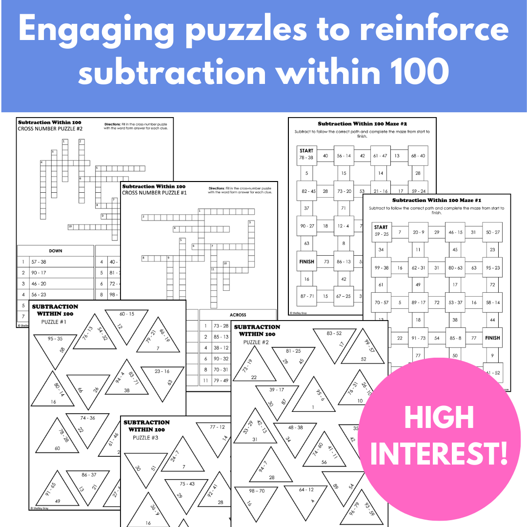 Subtraction Within 100 Math Puzzles; Tarsia Puzzles, Cross-Number, Mazes