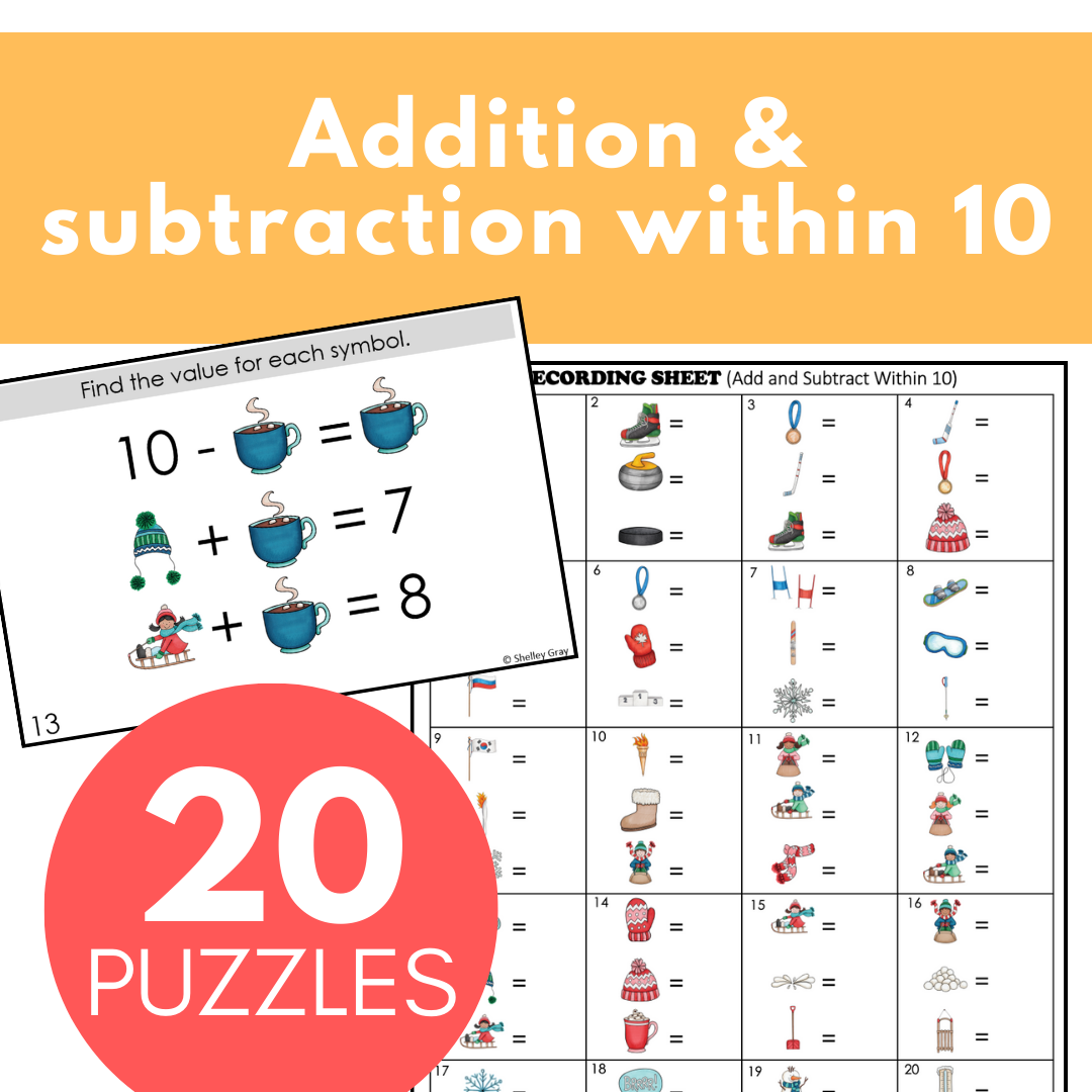 Winter-Themed Math Logic Problems, Puzzles for Addition & Subtraction Within 10