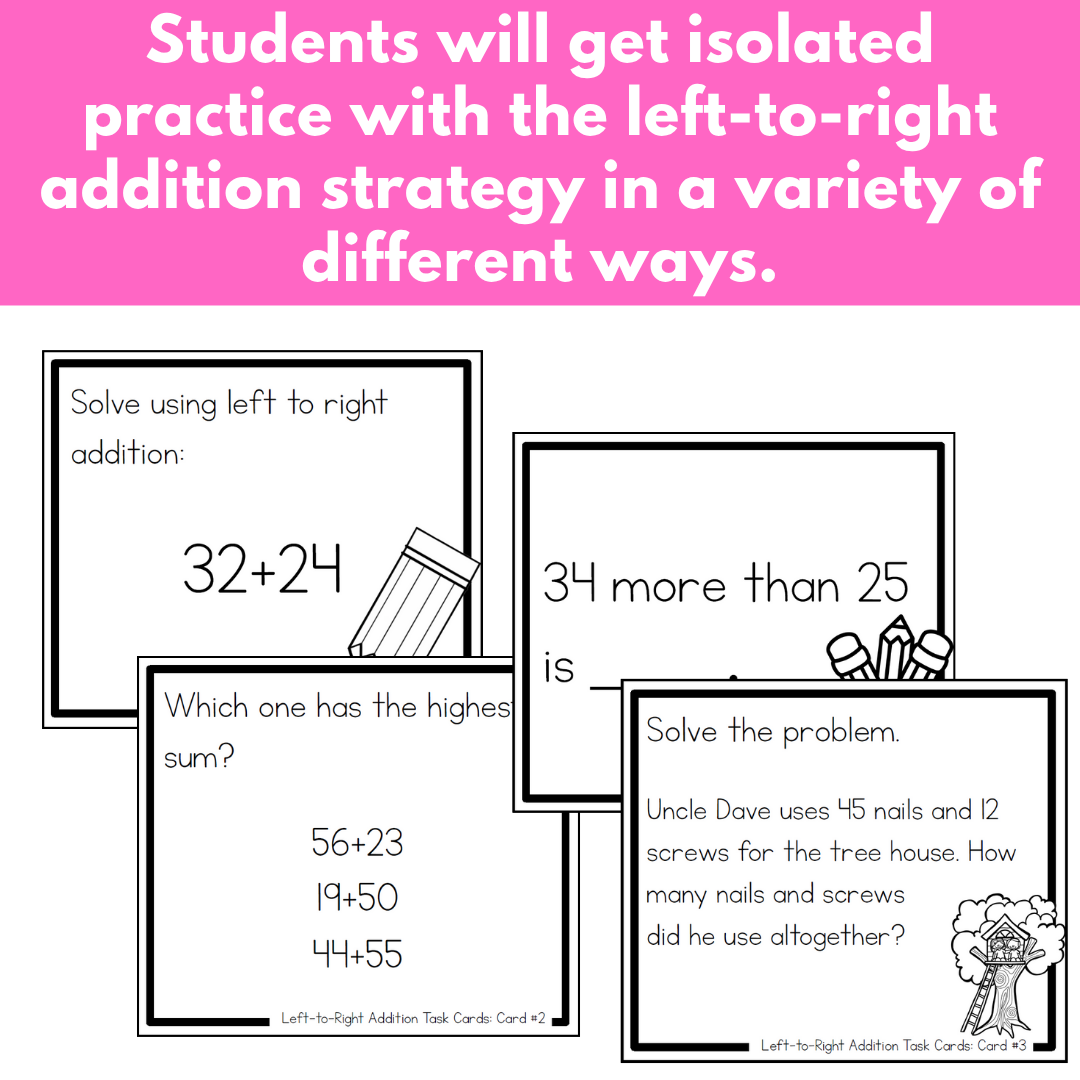 Addition Strategy Task Cards: Left-to-Right Addition (Sums to 100) SECOND GRADE
