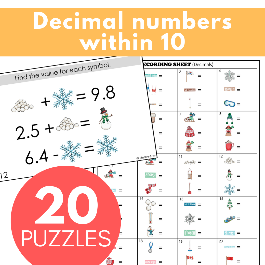 Winter-Themed Math Logic Problems, Puzzles for Decimal Numbers to Tenths