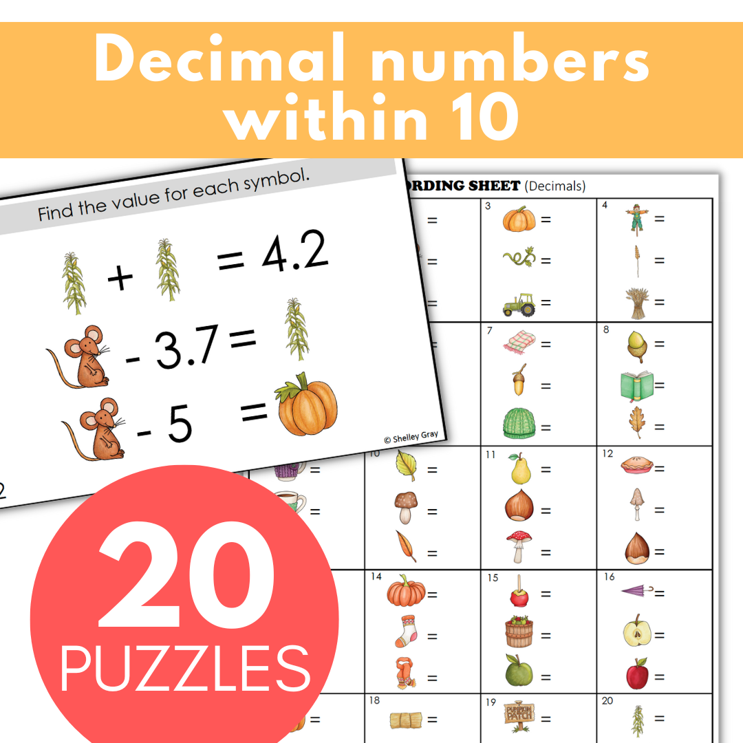 Fall-Themed Math Logic Problems, Puzzles for Decimal Numbers to Tenths, Problems