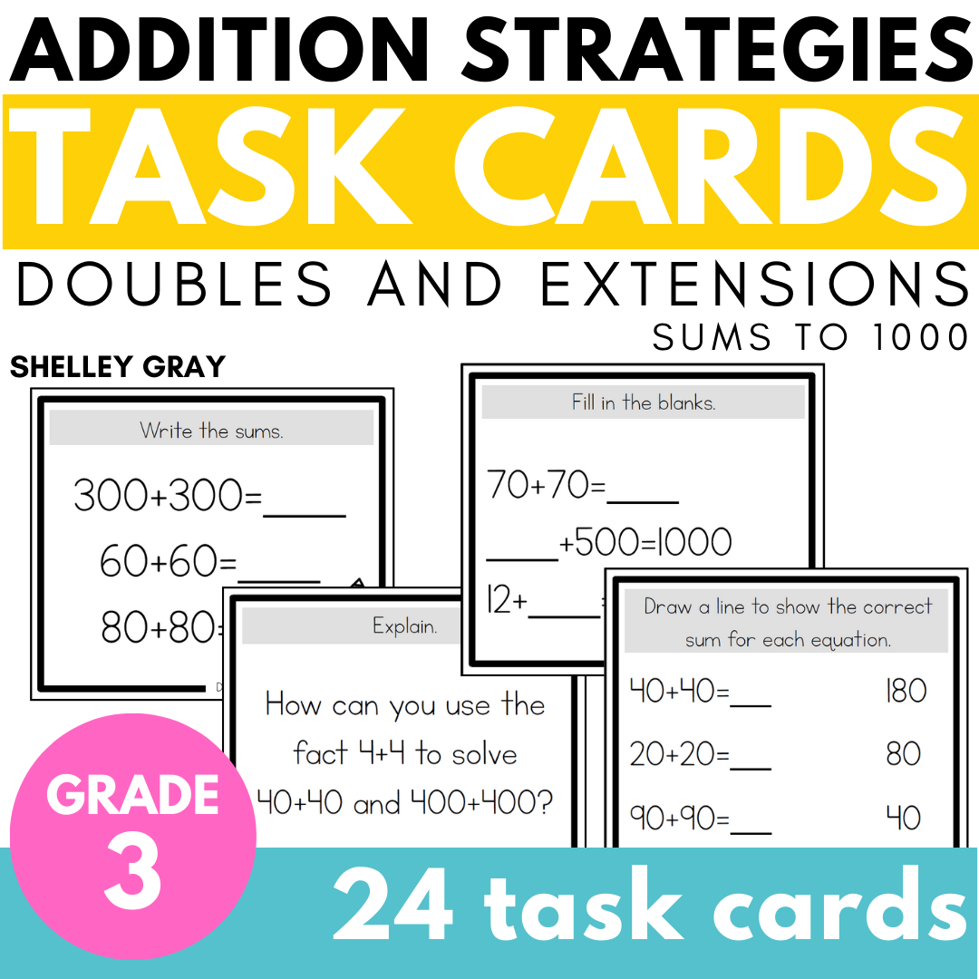 Addition Strategy Task Cards: Doubles and Extensions (Third Grade)