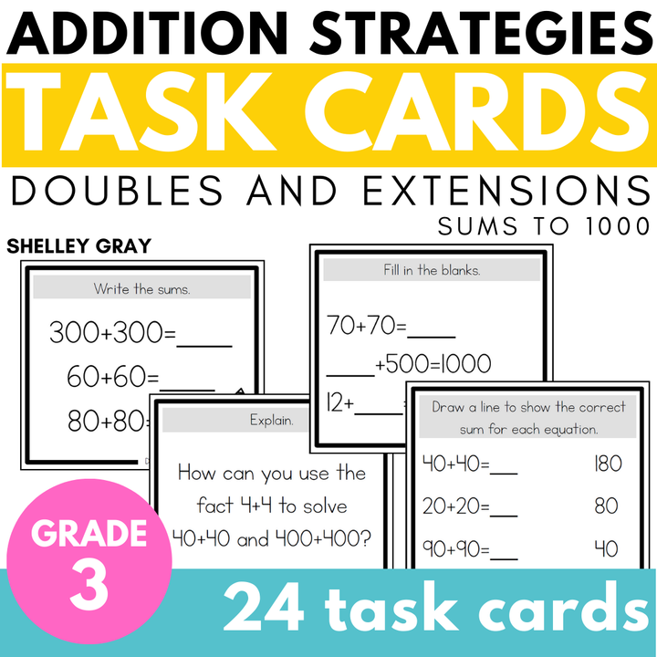 Addition Strategy Task Cards: Doubles and Extensions (Third Grade)