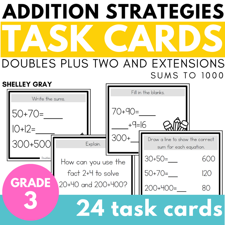 Addition Strategy Task Cards: Doubles Plus Two and Extensions (Third Grade)
