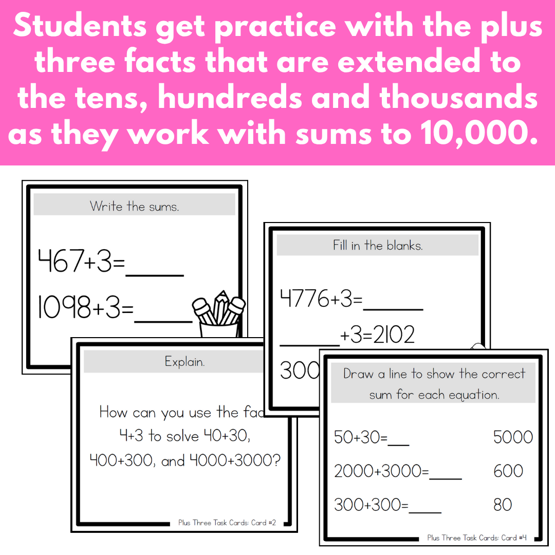 Addition Strategy Task Cards: Plus Three and Extensions (Fourth Grade)