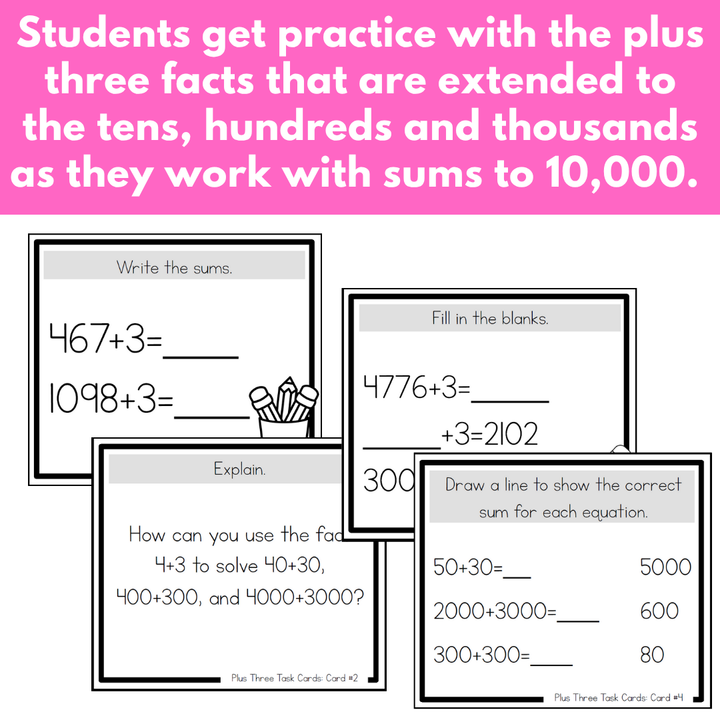 Addition Strategy Task Cards: Plus Three and Extensions (Fourth Grade)