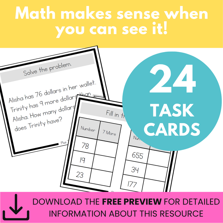 Addition Strategy Task Cards: Plus 7, 8, and 9 - Sums to 1000 (Third Grade)