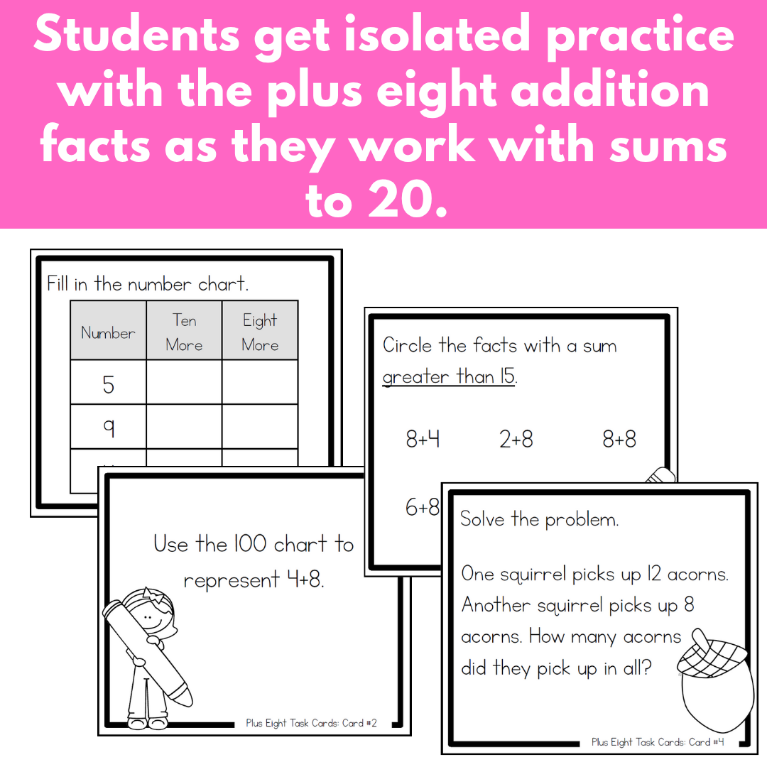 Addition Strategy Task Cards: Plus Eight Facts (Sums to 20)