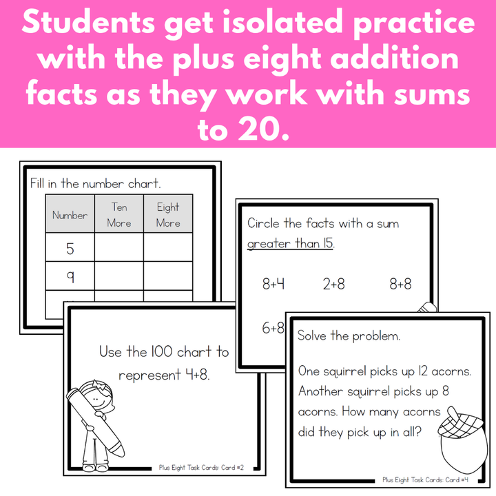 Addition Strategy Task Cards: Plus Eight Facts (Sums to 20)
