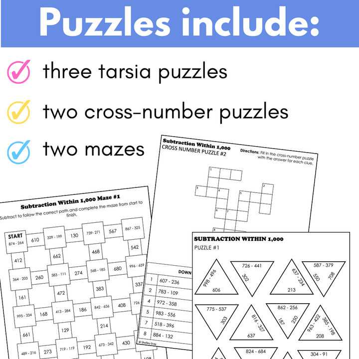 Subtraction Within 1000 Math Puzzles for Practice; Tarsia Puzzle Cross-Number Mazes
